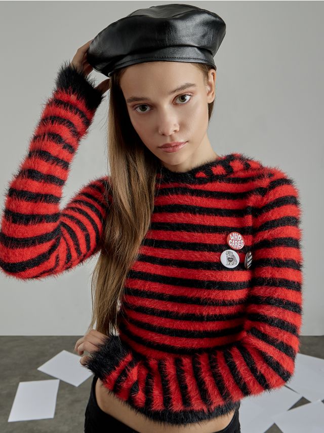 KNITTED STRIPED SWEATER WITH HOOD