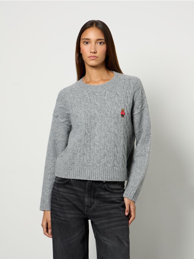 CABLE KNIT WOOL ADDED SWEATER WITH EMBROIDERY