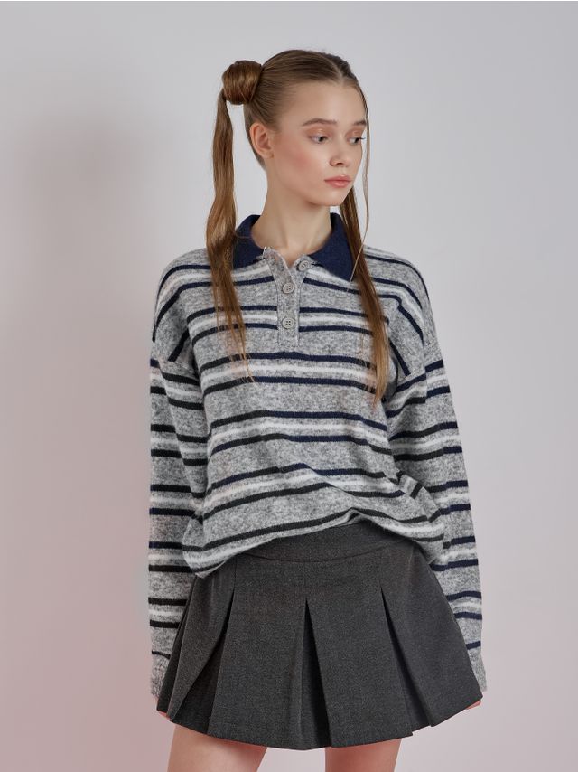 WOOL ADDED STRIPED POLO COLLAR SWEATER