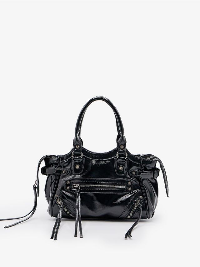 LEATHER LOOK HANDLE BAG WITH ZIPPER POCKETS