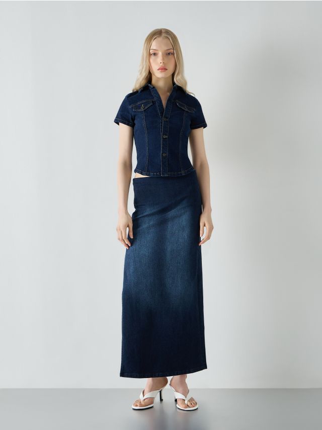 STRETCH MIDI DENIM SKIRT