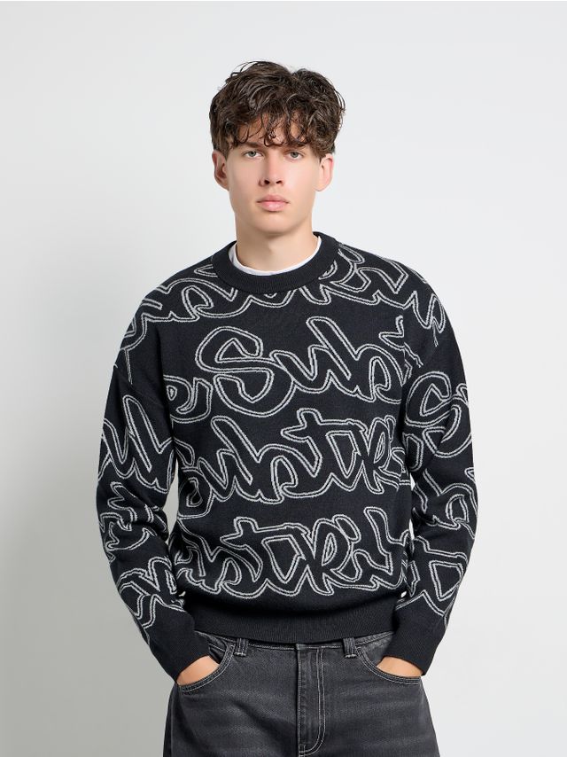 JACQUARD ALL OVER LETTERING PRINT SWEATER