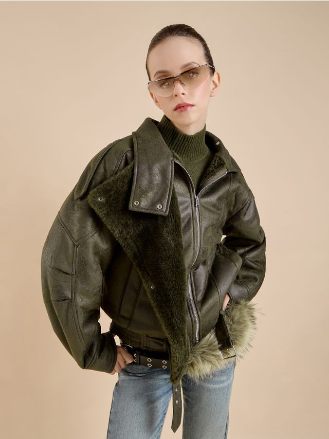 CROPPED AVIATOR JACKET WITH FUR TRIM AND BELT