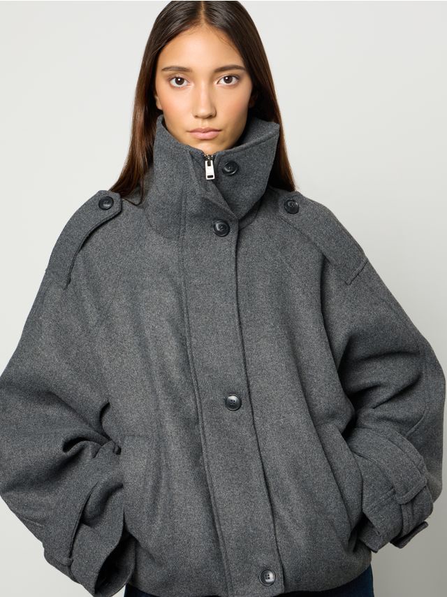 HIGH NECK SLEEVE BUCKLE WOOL LIKE JACKET