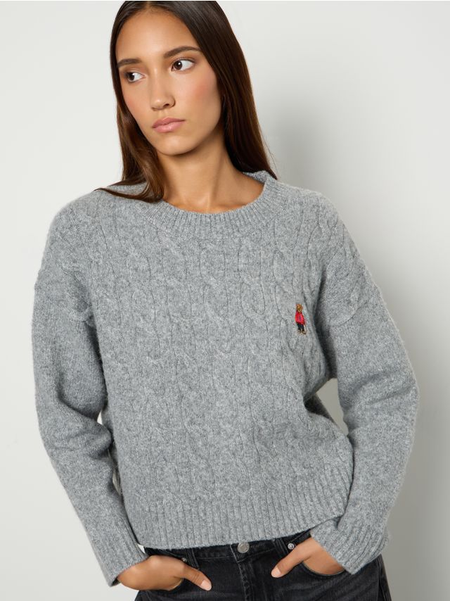 CABLE KNIT WOOL ADDED SWEATER WITH EMBROIDERY