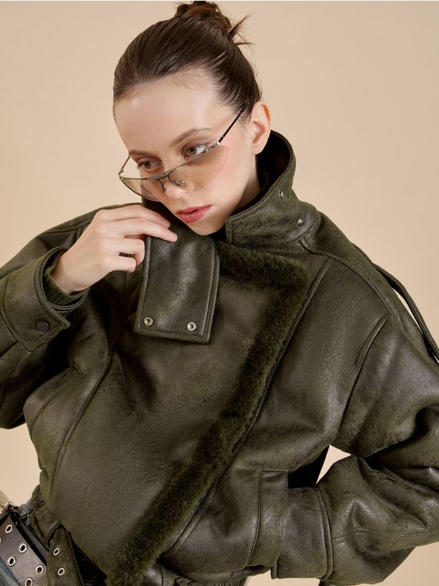 CROPPED AVIATOR JACKET WITH FUR TRIM AND BELT