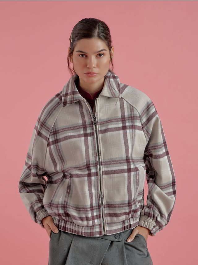 CHECKED WOOL LIKE BOMBER JACKET