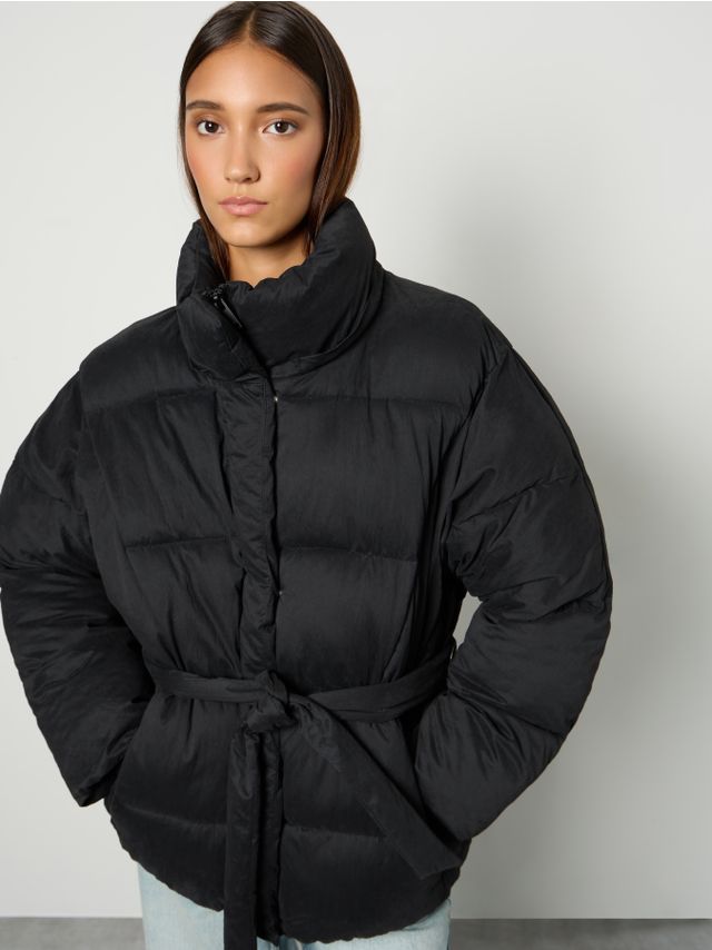 PEACHED TIE WAIST HOODED PUFFY JACKET