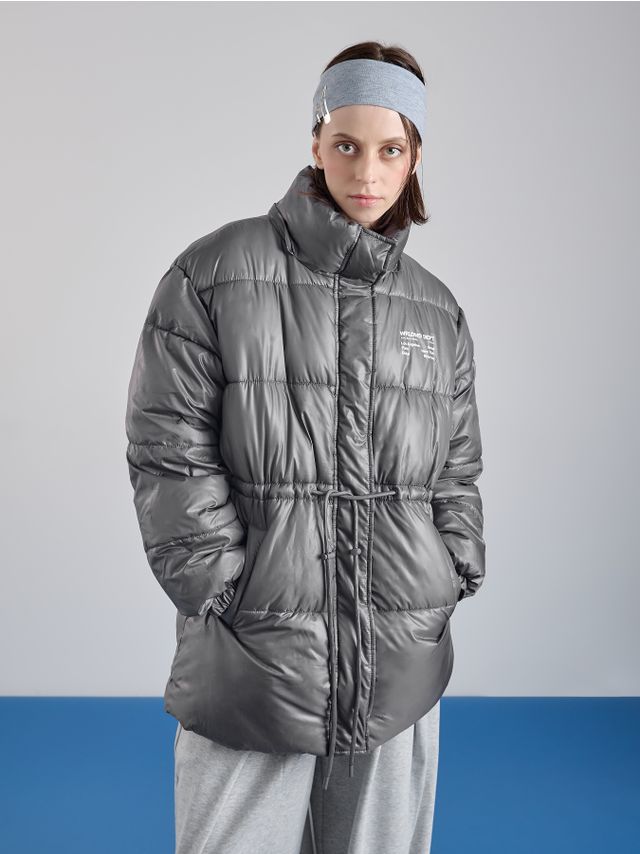 WAISTED DRAWSTRING LONGER PUFFY JACKET