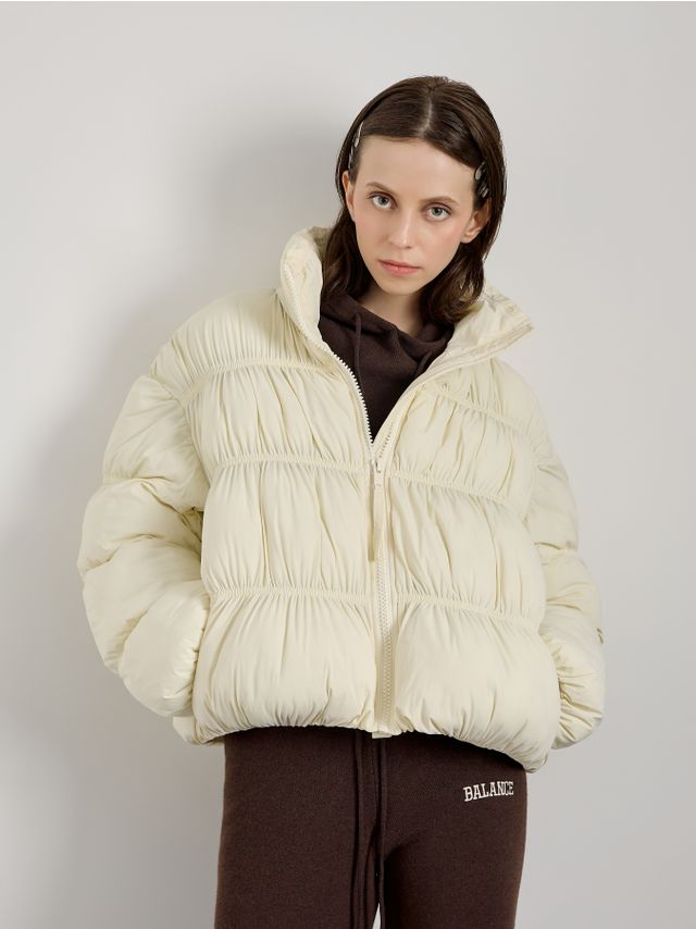 OVERSIZED QUILTED JACKET WITH STAND COLLAR AND GATHERED SEAMS