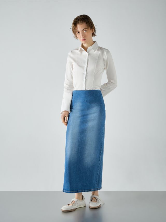 STRETCH MIDI DENIM SKIRT