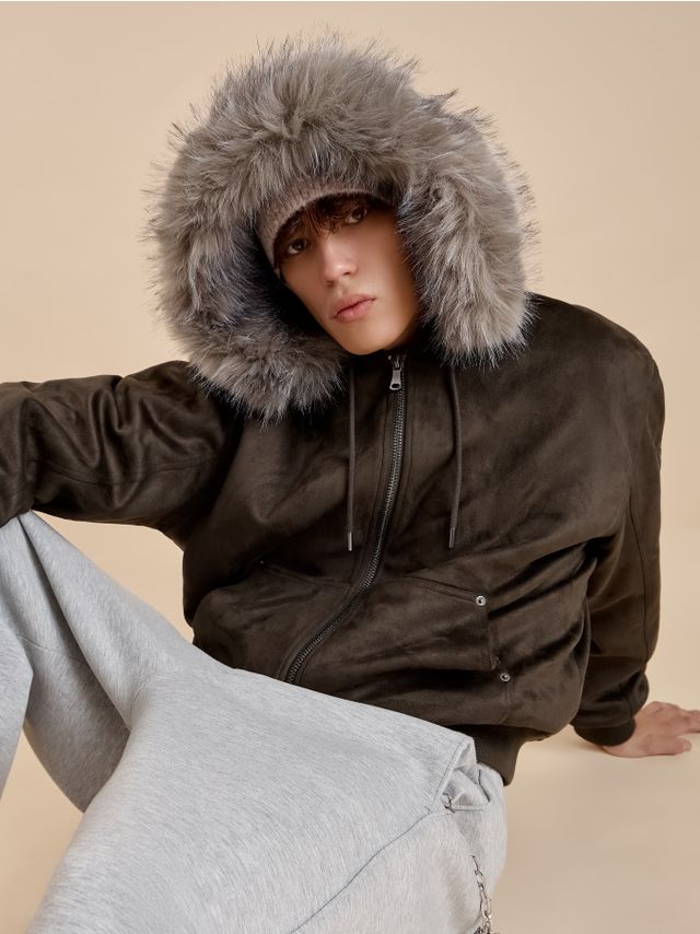 FUR TRIM HOODED LEATHER LOOK JACKET