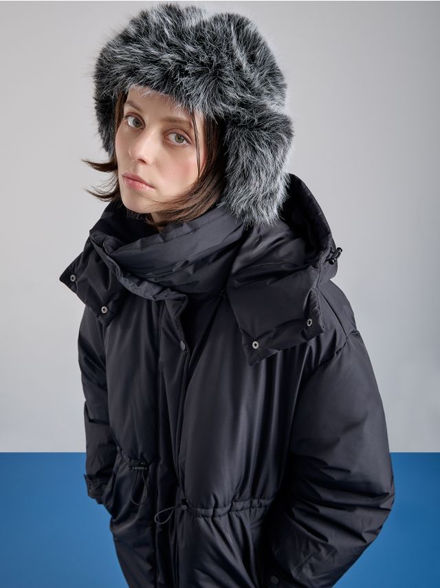 LONG PARKA WITH HOOD AND DRAWSTRING WAIST