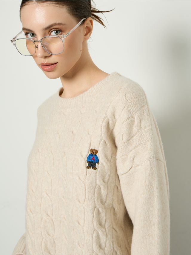 CABLE KNIT WOOL ADDED SWEATER WITH EMBROIDERY