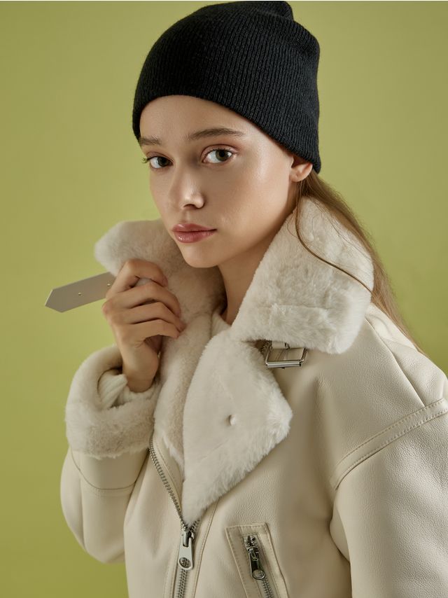 CROPPED FAUX LEATHER BIKER JACKET WITH FUR TRIM