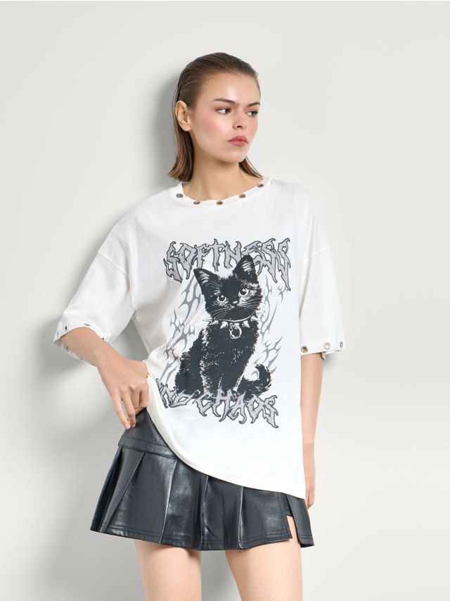 EYELET T-SHIRT WITH PRINT