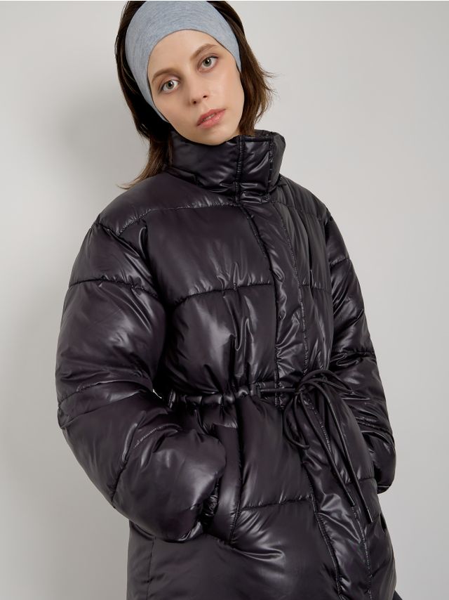 WAISTED DRAWSTRING LONGER PUFFY JACKET
