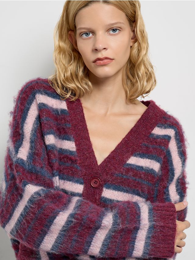 FLUFFY STRIPED V-NECK WOOL ADDED CARDIGAN