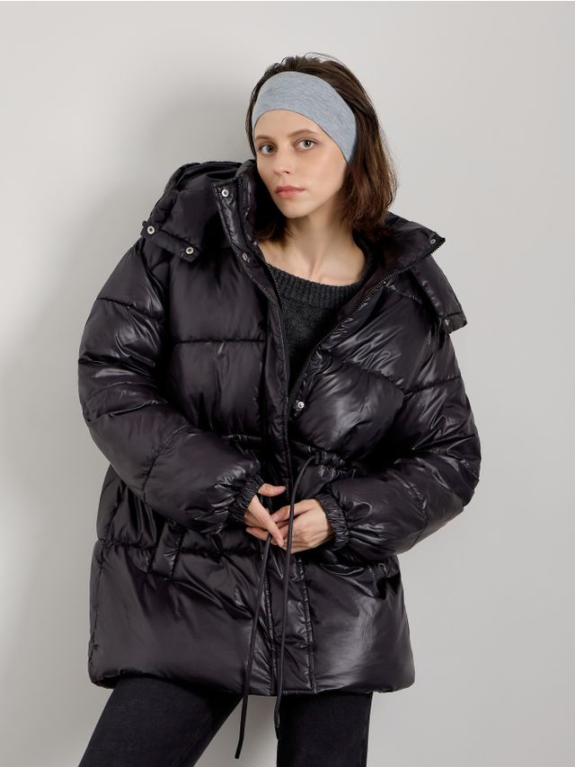 WAISTED DRAWSTRING LONGER PUFFY JACKET