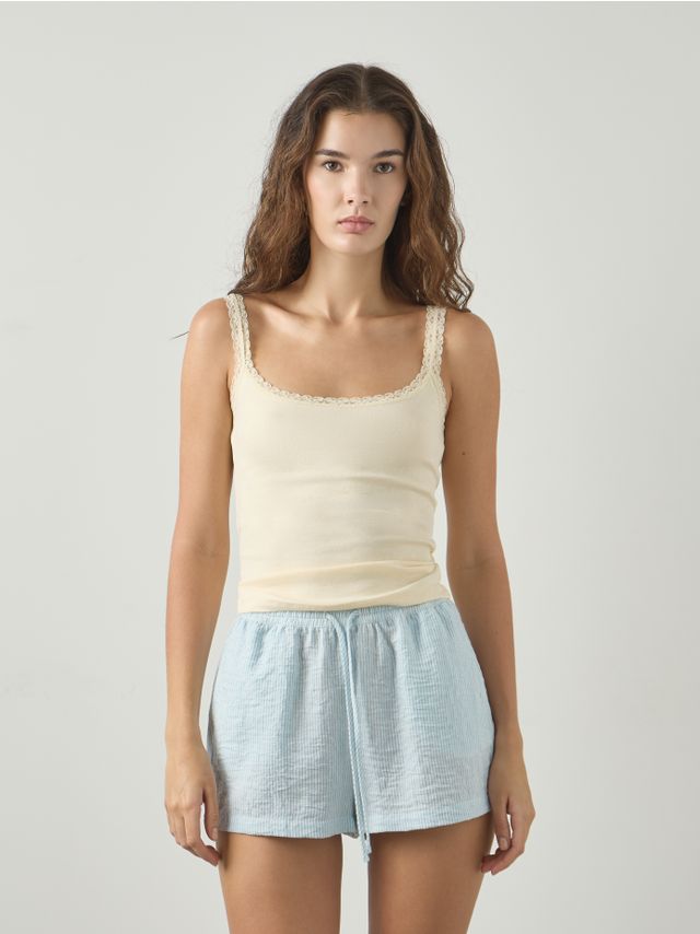 RIBBED TANK TOP WITH LACED TRIM