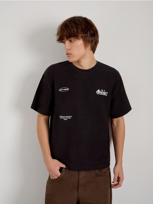 TEXTURED TERRY T-SHIRT WITH LETTERING PRINTS