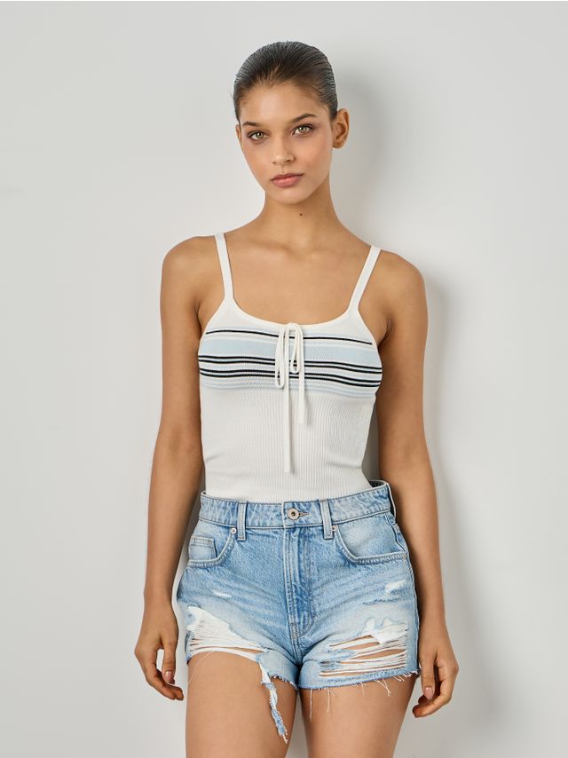 STRAPPY KNITTED STRIPE TIE FRONT TOP
