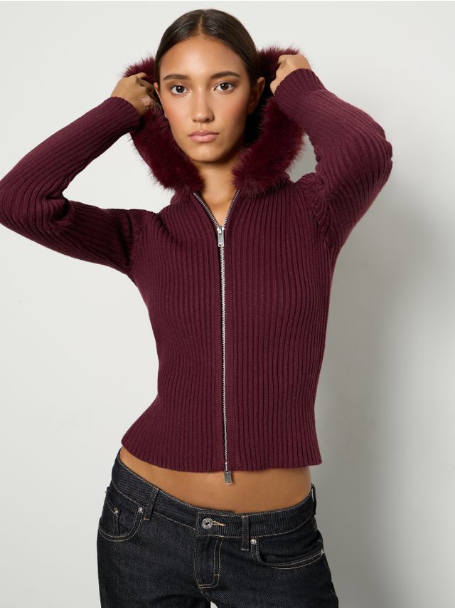 KNIT ZIP UP CARDIGAN WITH FUR HOOD