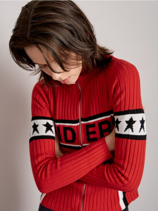 RIBBED PRINTED CARDIGAN WITH HIGH NECK