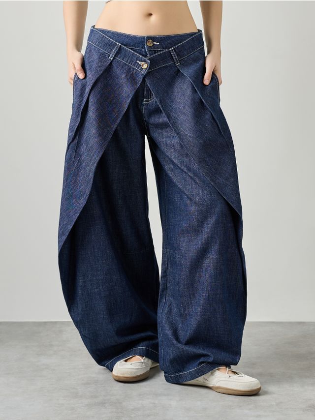 DOUBLE WAIST FLUID JEANS WITH PLEATS