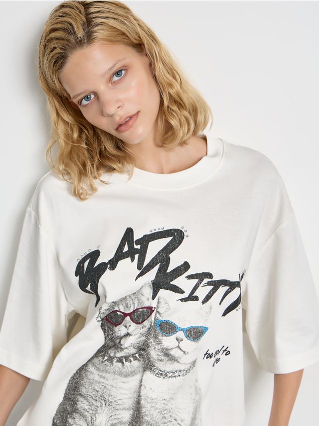 OVERSIZED PRINTED T-SHIRT WITH RHINESTONES