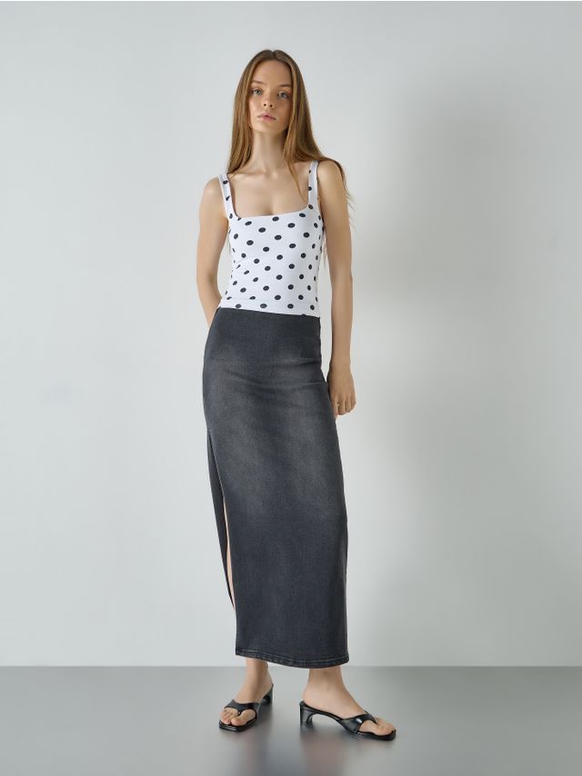 STRETCH MIDI DENIM SKIRT