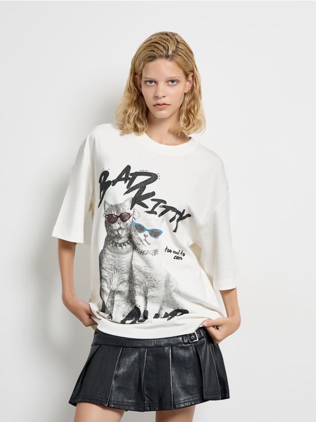 OVERSIZED PRINTED T-SHIRT WITH RHINESTONES